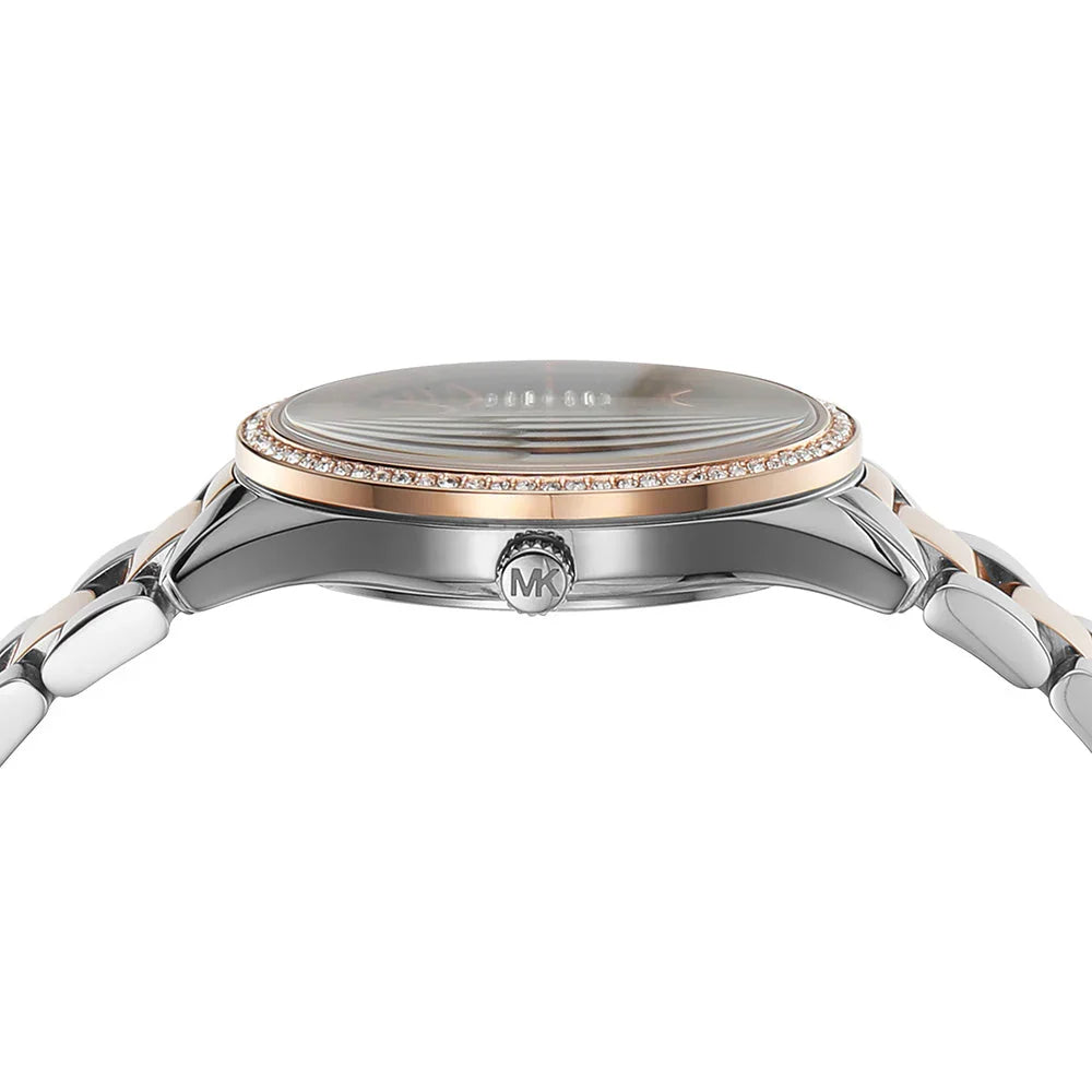 Michael Kors Lauryn watch caseback with crystal display and MK logo