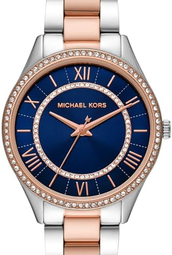 Close-up detail of blue dial with Roman numerals, crystal bezel, and rose gold hands