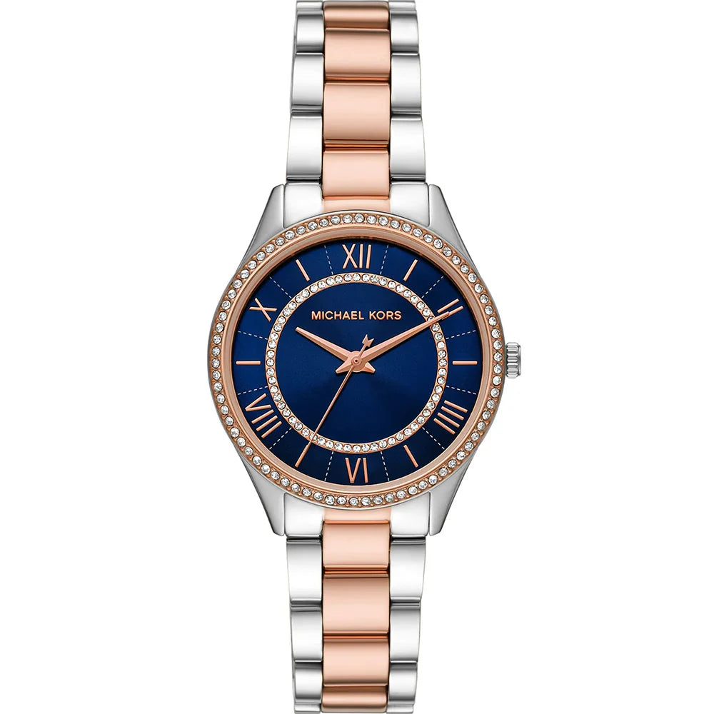 Michael Kors Lauryn women's watch with blue dial, crystal bezel, rose gold and silver bracelet