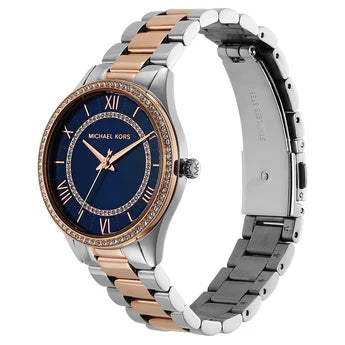 Michael Kors Lauryn watch side view showing two-tone silver and rose gold bracelet