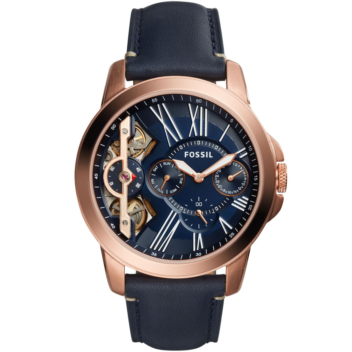 Michael Kors Layton chronograph watch with blue dial, rose gold case, leather strap
