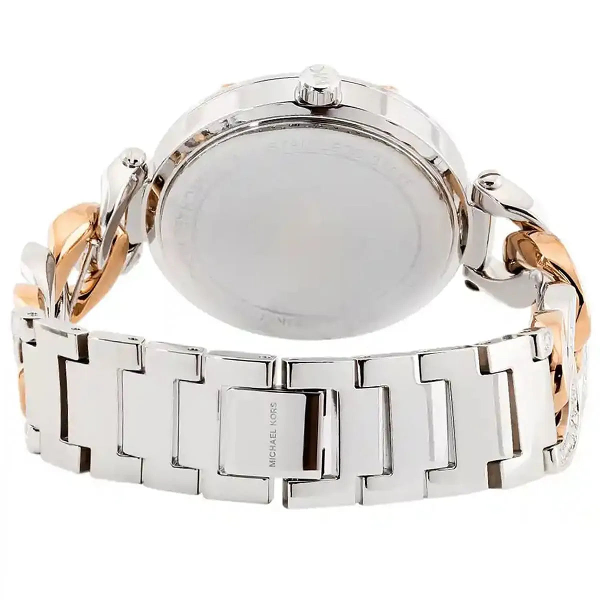 Michael Kors Layton MK4634 caseback with tri-tone metal strap and chain link detail