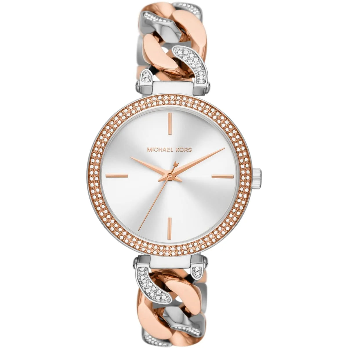 Michael Kors Layton MK4634 front view with silver dial and tri-tone chain strap