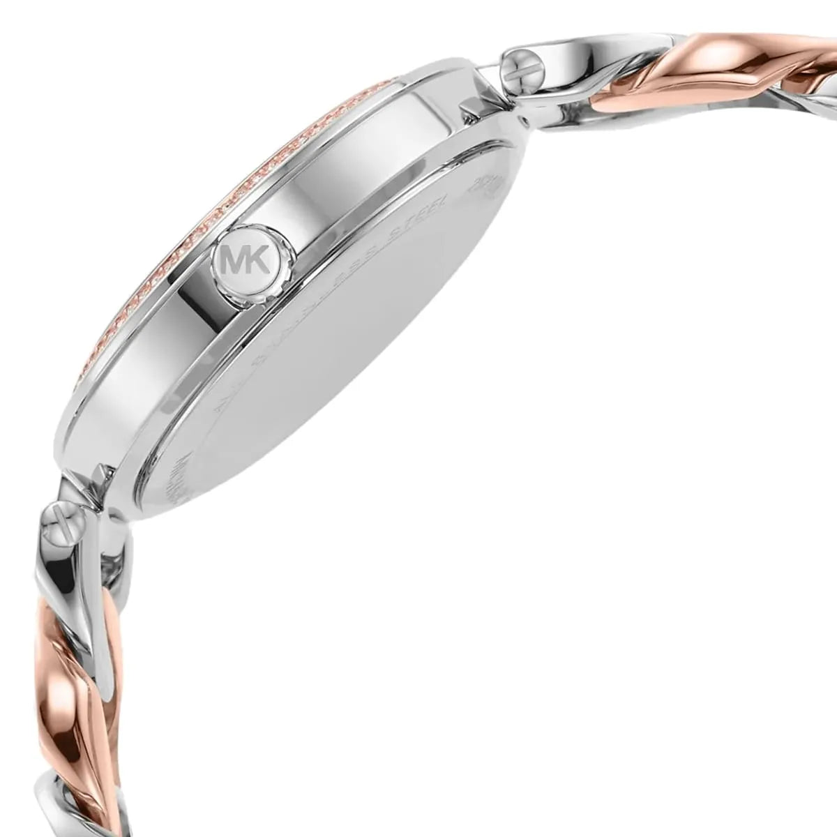 Michael Kors Layton MK4634 side angle view of case and tri-tone strap
