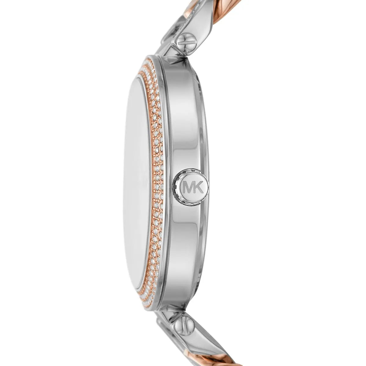 Michael Kors Layton MK4634 side profile showing bezel, case depth, and tri-tone design