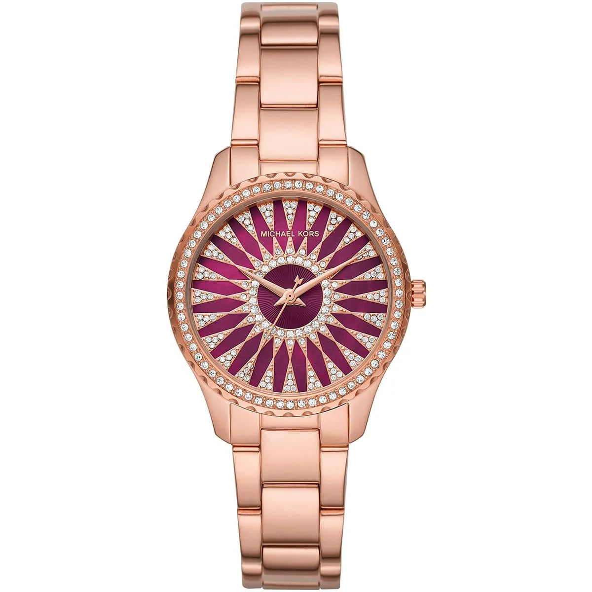 Michael Kors Layton rose gold-tone watch with red sunburst dial and crystal-set bezel