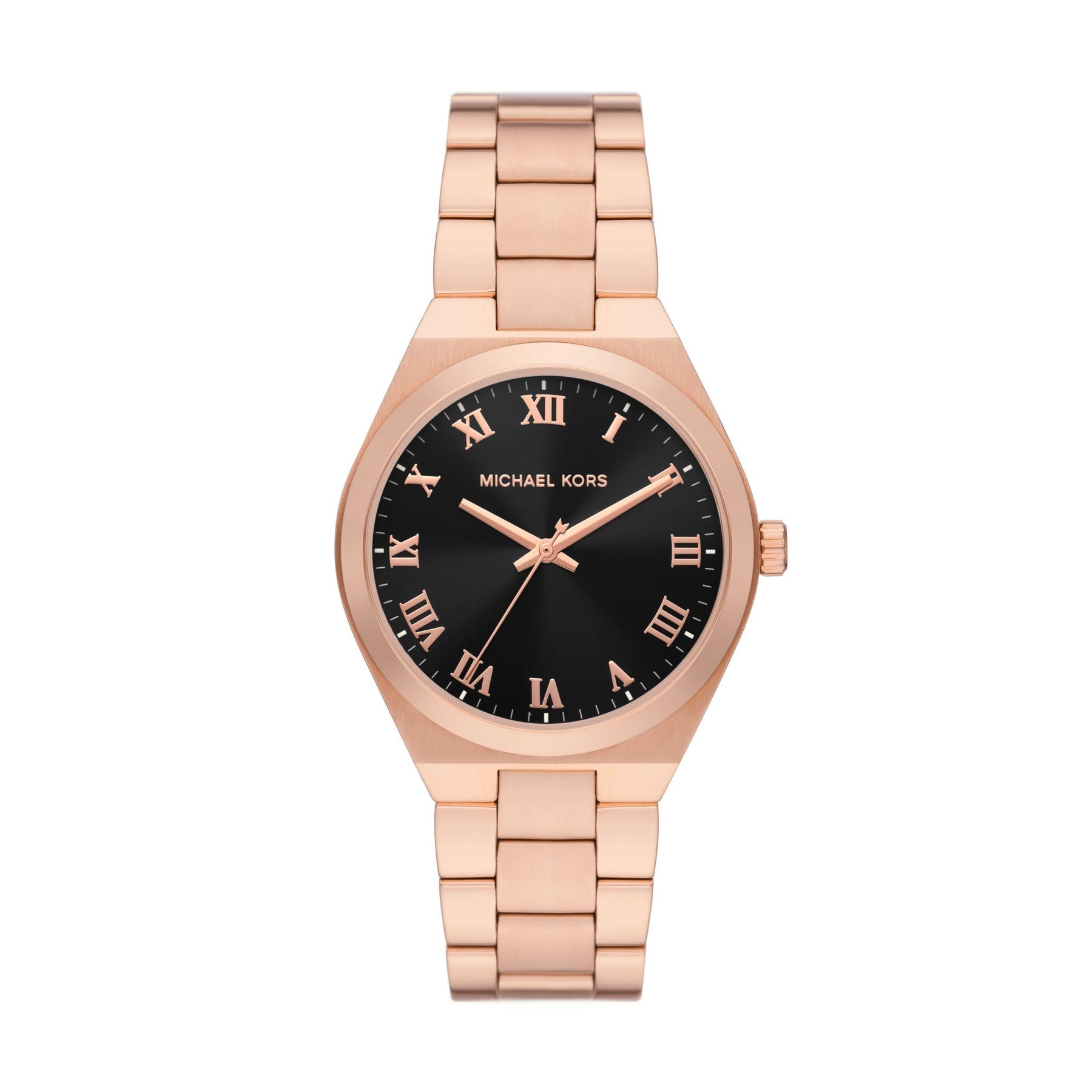 Michael Kors Lennox rose gold women's watch with black dial and Roman numeral markers