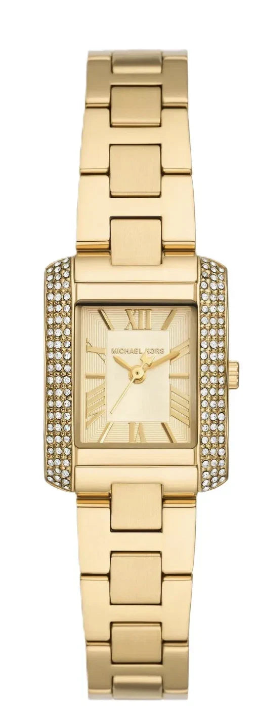 Michael Kors Lennox gold-tone women's watch with rectangular dial and crystal-embellished bezel