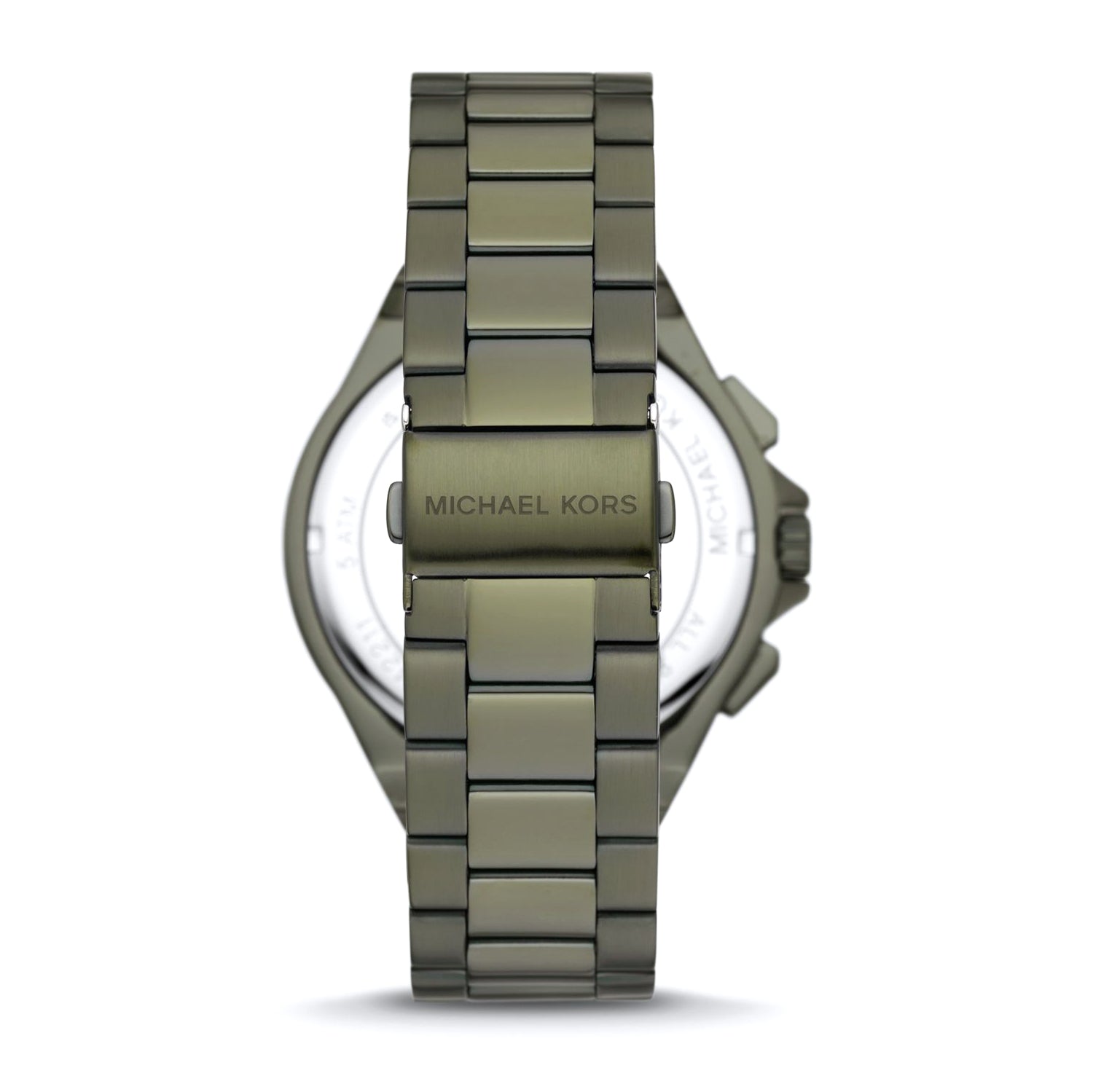 Michael Kors Lennox chronograph watch at angle showing dial and bracelet links