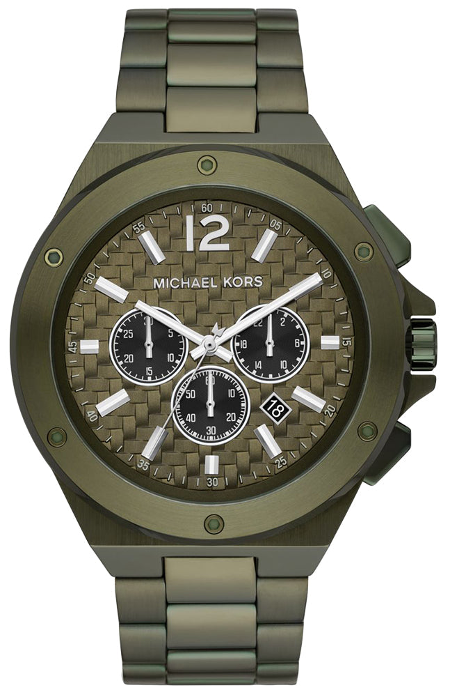 Michael Kors Lennox olive green chronograph watch with three subdials and metal bracelet