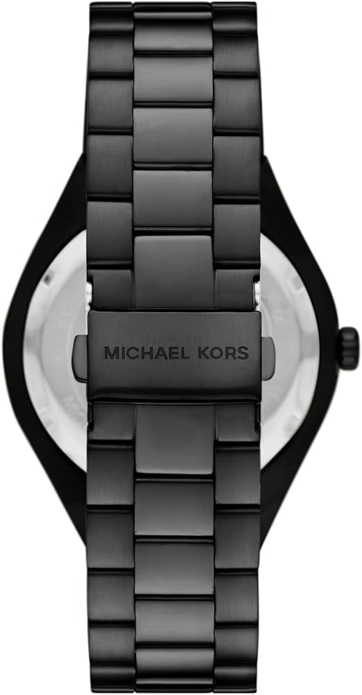 Michael Kors Lennox watch caseback showing stainless steel bracelet and crown detail