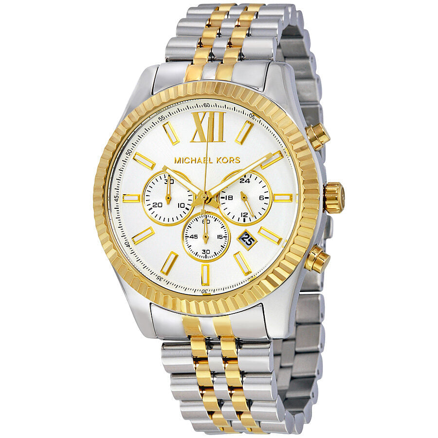 Michael Kors Lexington chronograph men's watch with white dial, gold hour markers, and two-tone bracelet
