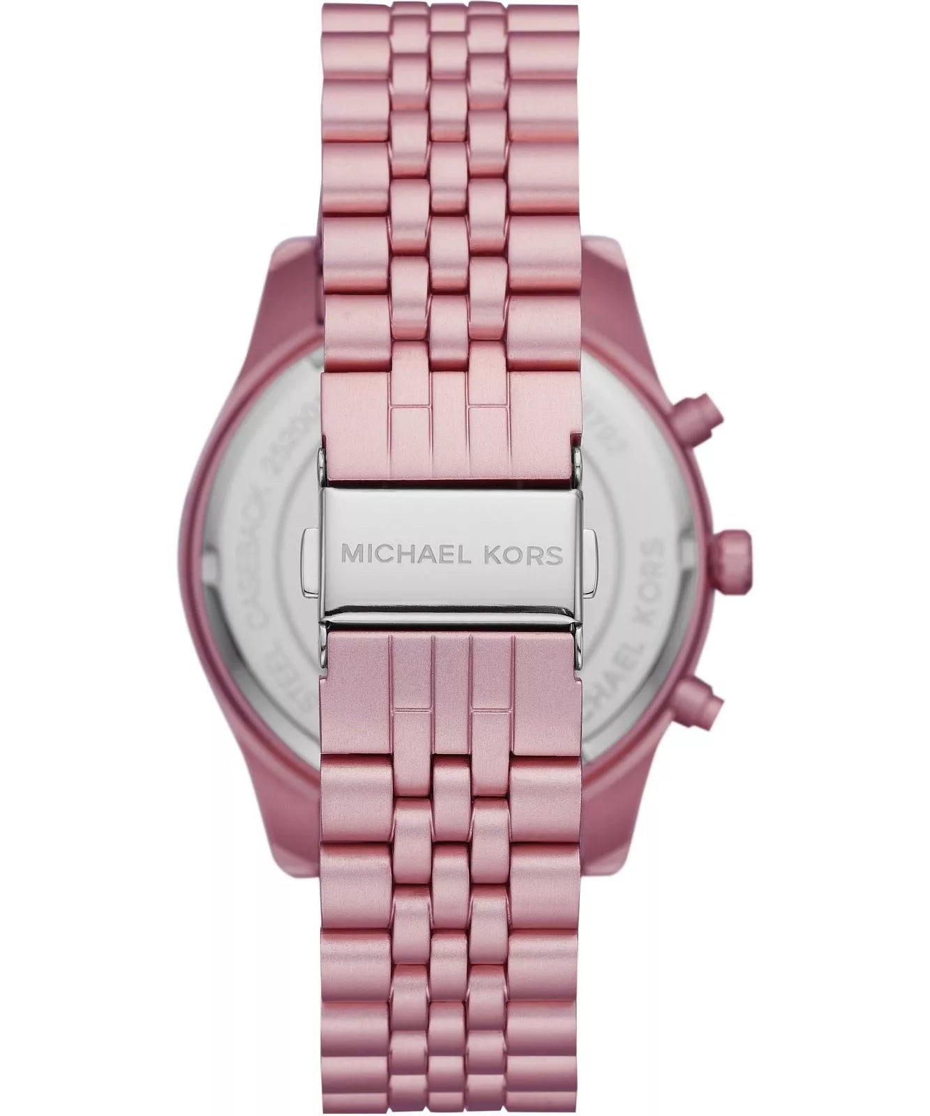 Michael Kors Lexington Chronograph caseback showing pink aluminum case with logo and bracelet