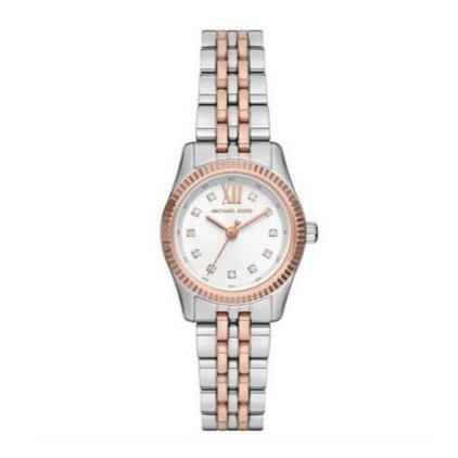 Michael Kors Lexington women's watch with white dial, rose gold bezel, two-tone steel strap, and crystal indices