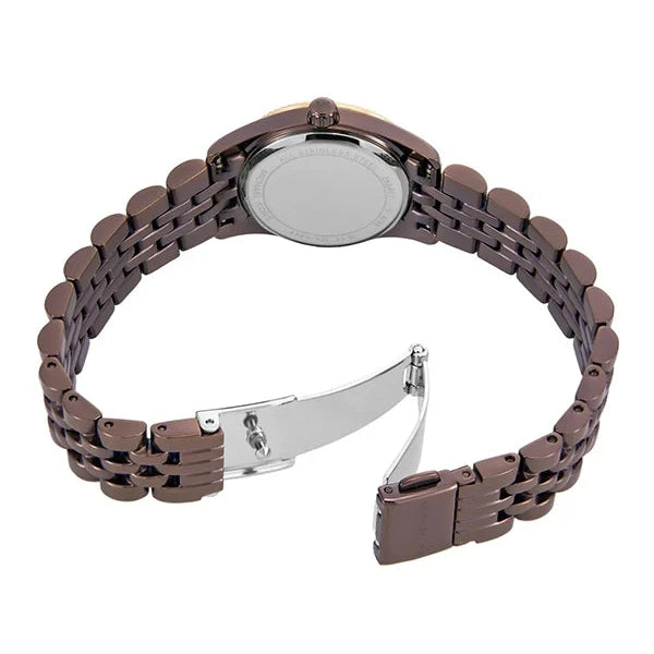 Espresso-tone stainless steel bracelet and caseback view of petite Lexington watch