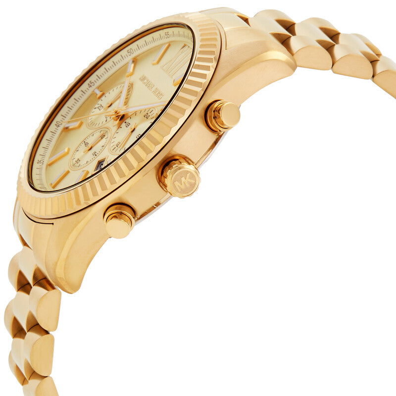 Michael Kors Lexington gold chronograph watch angled side view with bracelet