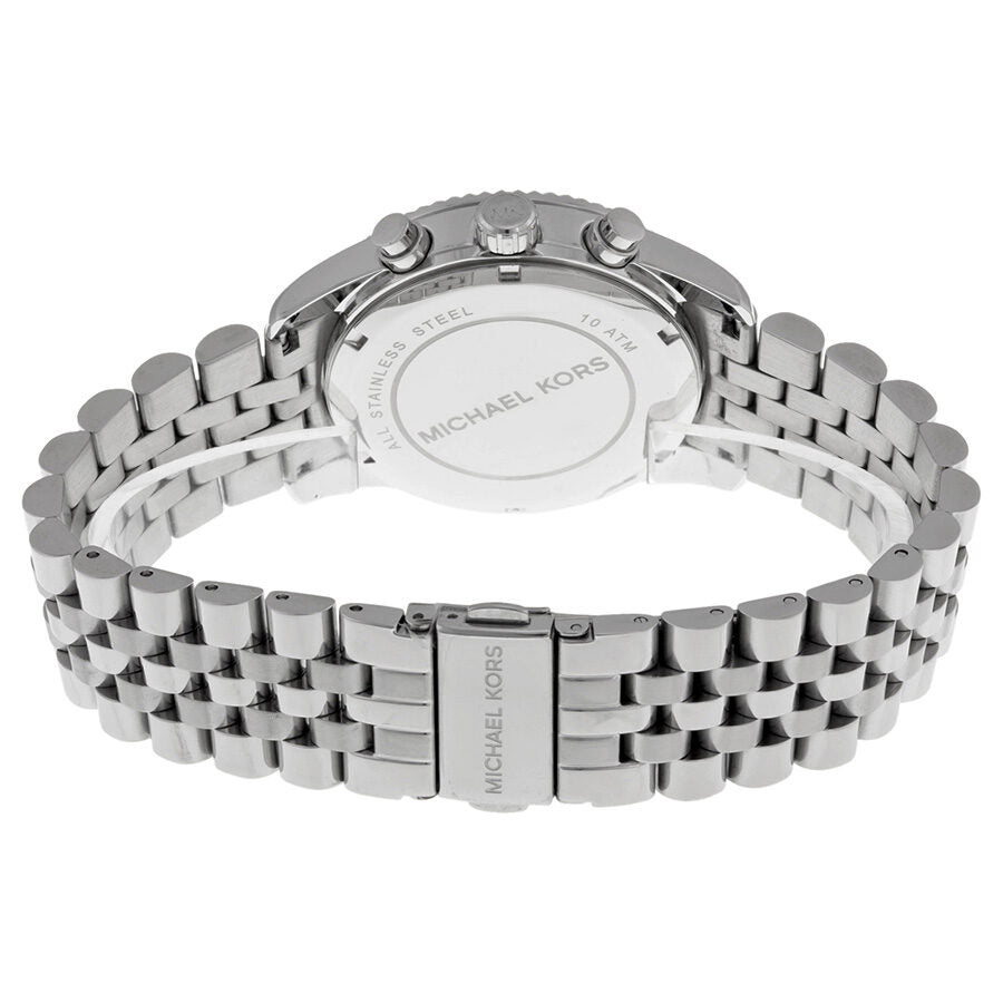 Michael Kors Lexington watch caseback showing stainless steel construction and bracelet