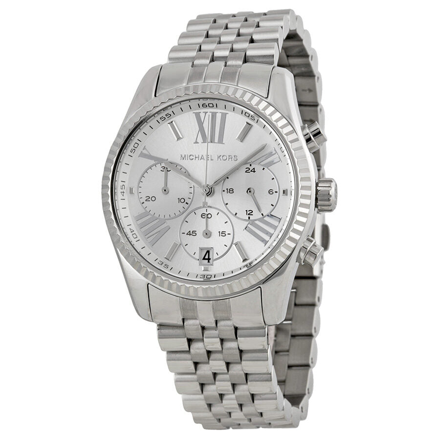 Michael Kors Lexington chronograph women's watch with silver dial, Roman numerals, and stainless steel bracelet