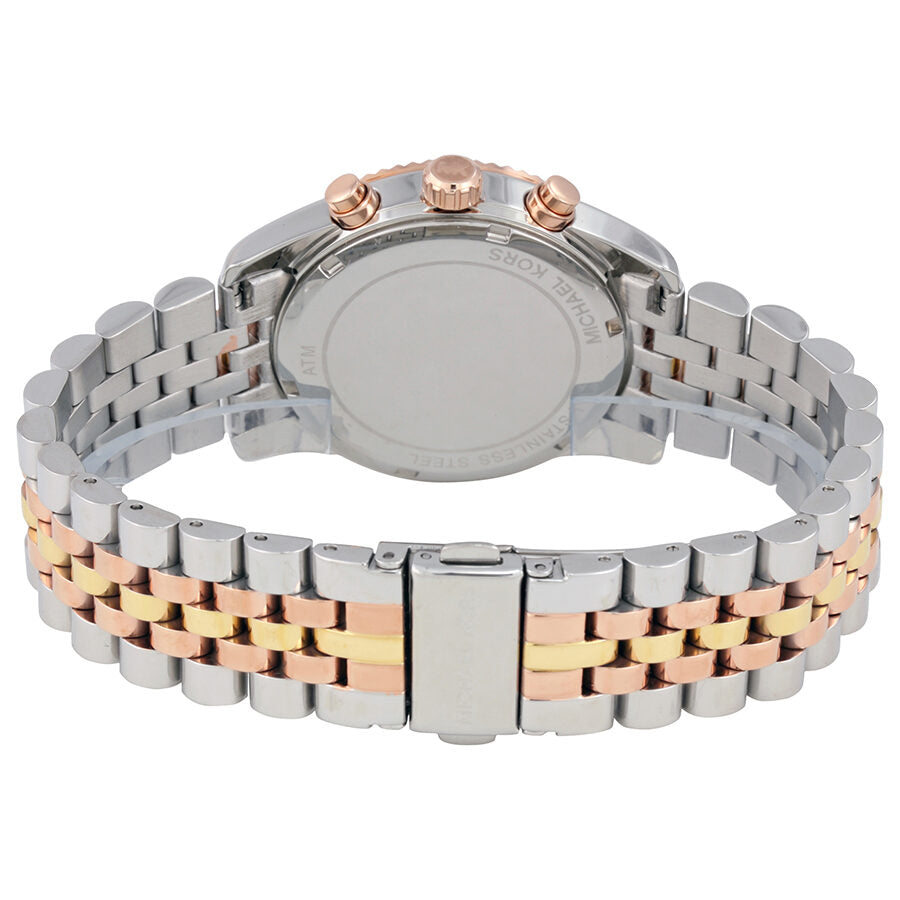 Back case view of Lexington chronograph showing caseback and tri-tone metal bracelet