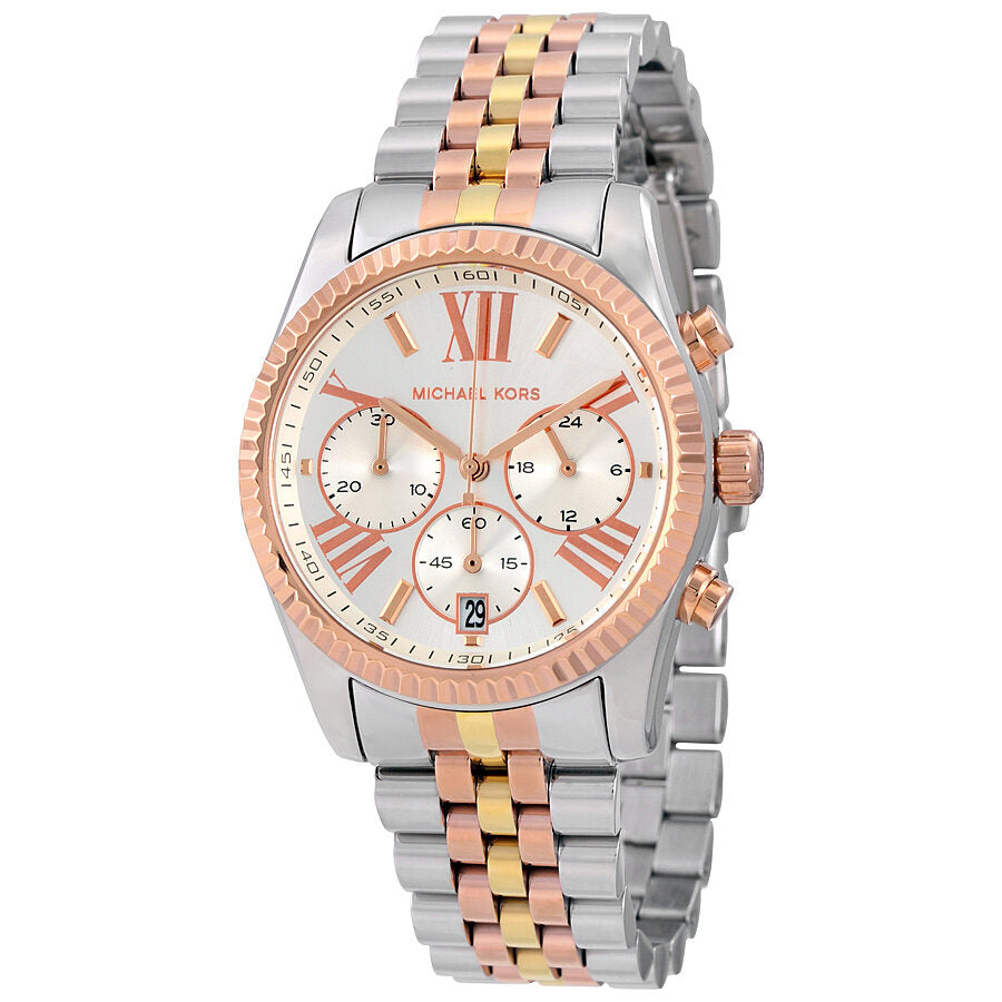 Michael Kors Lexington chronograph watch with tri-tone silver, rose gold and yellow gold bracelet