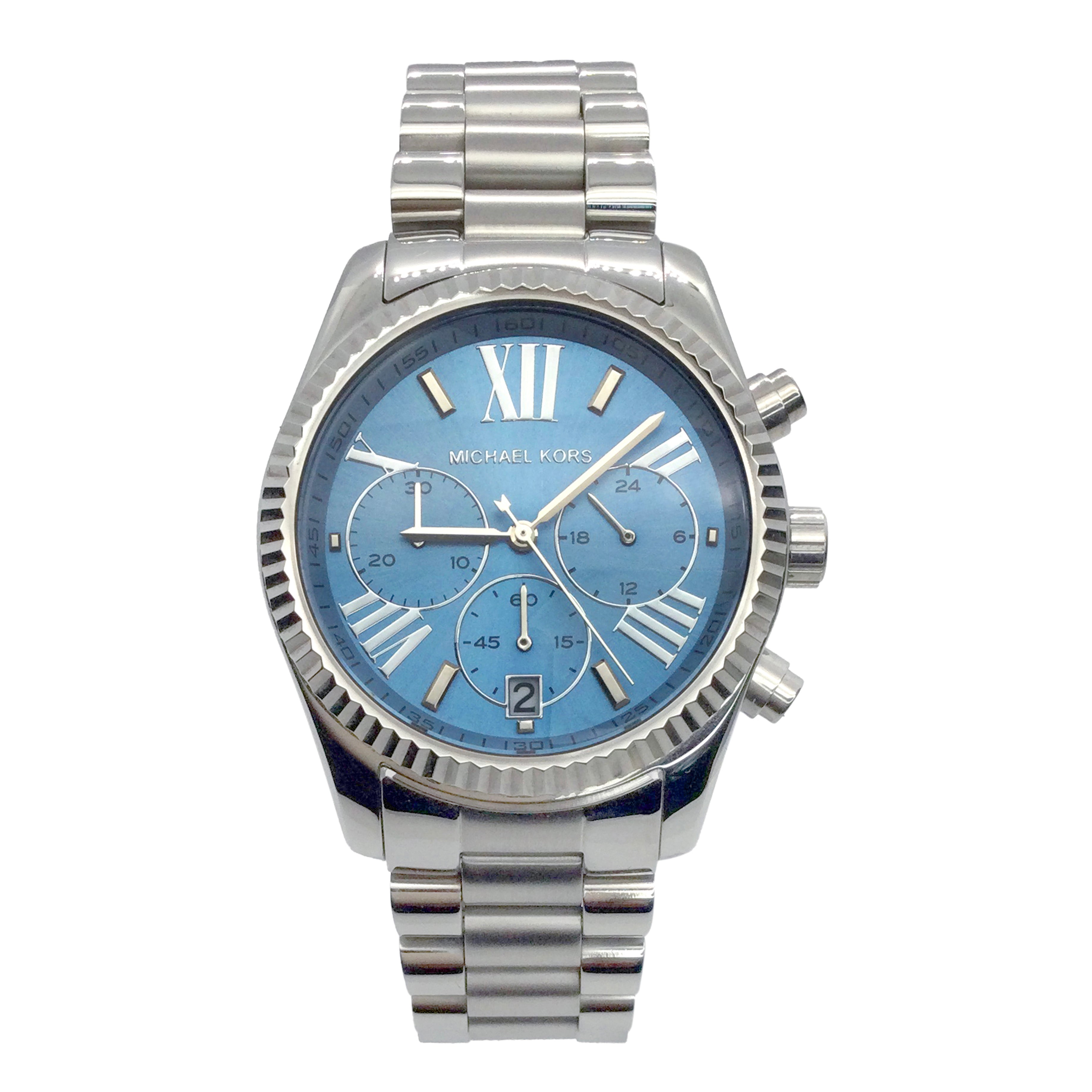Michael Kors Lexington blue dial chronograph watch with silver-tone bracelet and Roman numerals