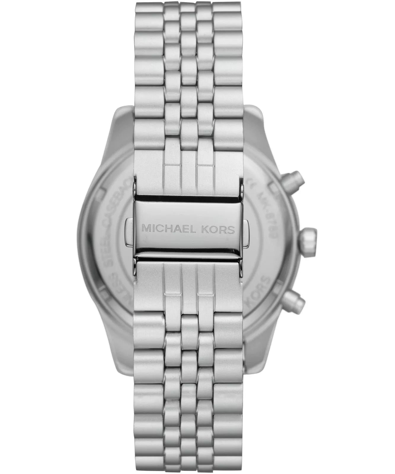 Michael Kors Lexington MK8789 caseback showing stainless steel bracelet and engraved case