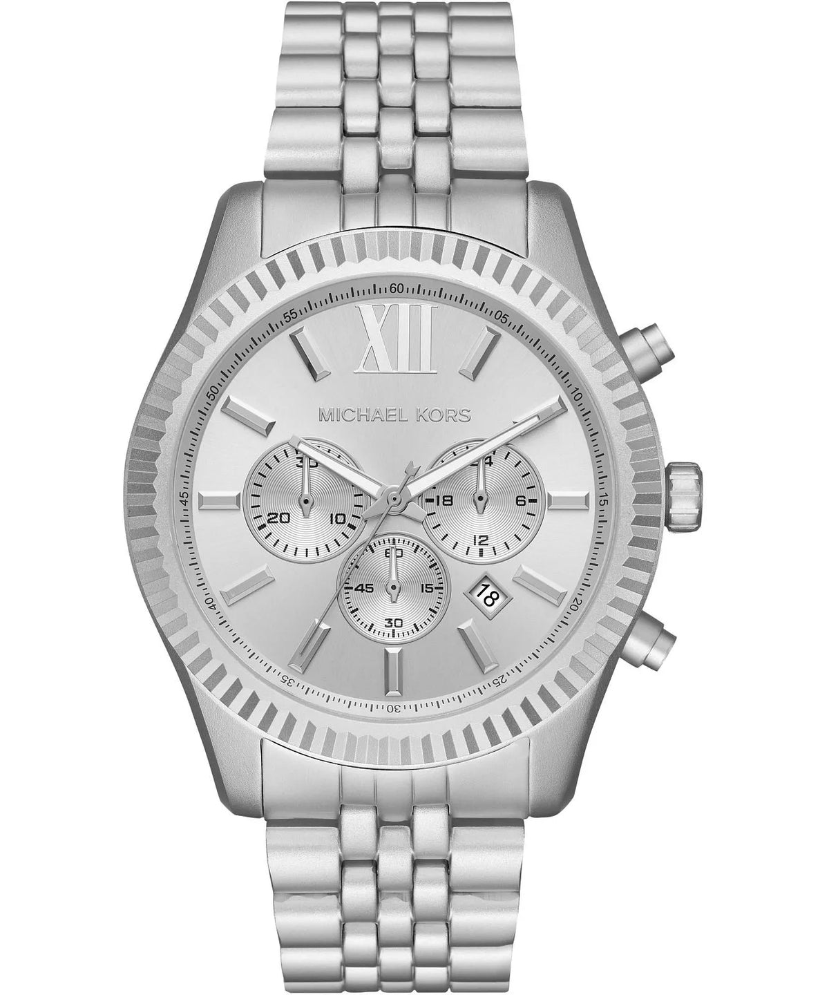 Michael Kors Lexington MK8789 silver chronograph men's watch with textured bezel and bracelet