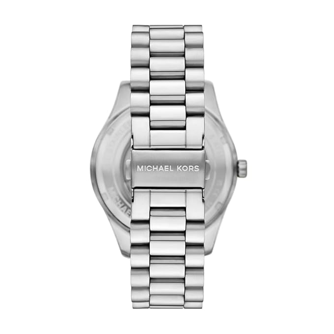 Michael Kors Lexington watch caseback showing stainless steel bracelet and MK logo