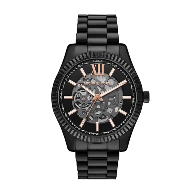 Michael Kors Lexington MK9244 black automatic watch with skeleton dial and Roman numerals