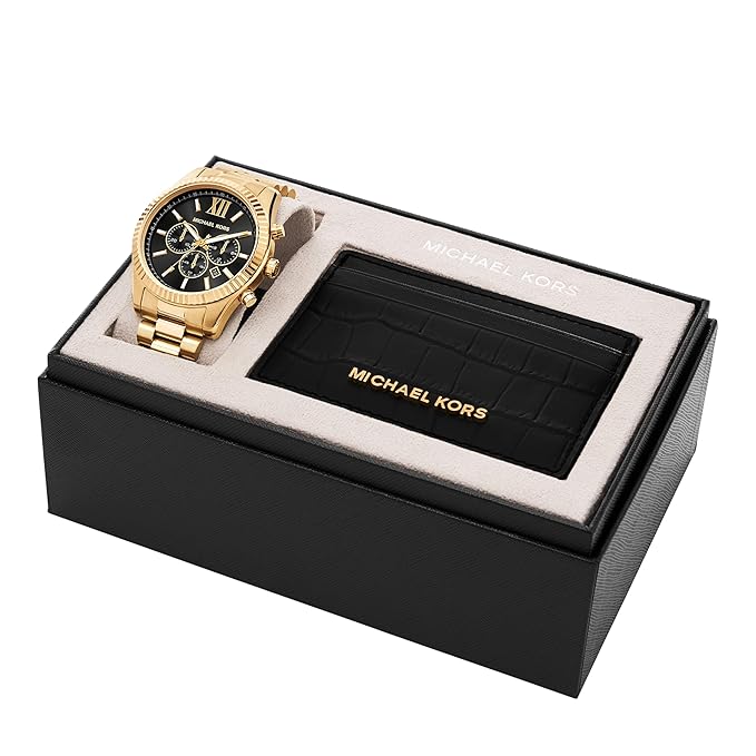 Michael Kors Lexington watch gift set with black wallet in presentation box