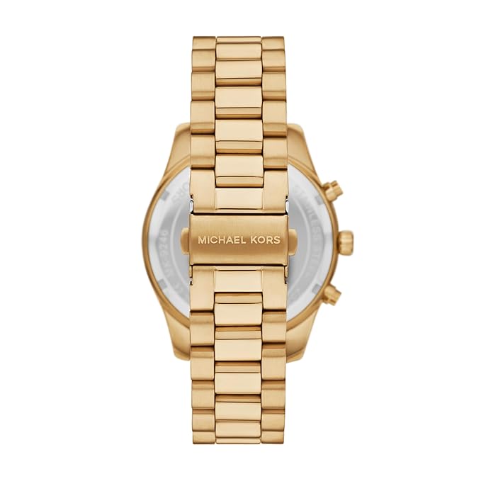 Michael Kors Lexington gold watch caseback showing bracelet and transparent case back