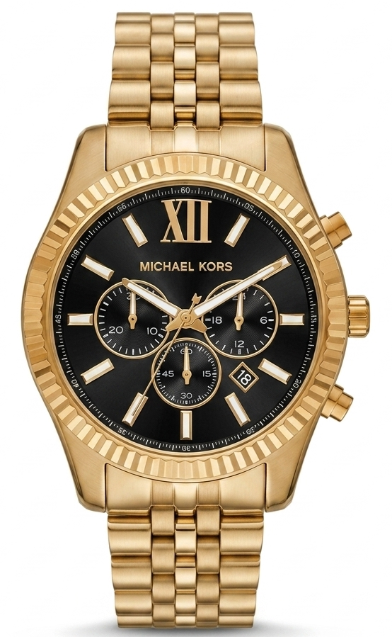 Michael Kors Lexington gold chronograph watch with black dial and Roman numeral markers