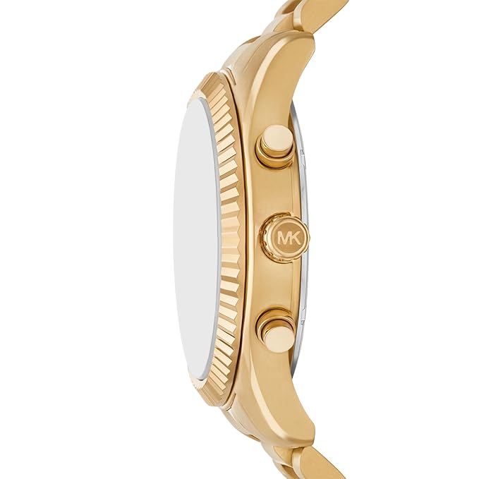 Michael Kors Lexington gold chronograph watch side profile with textured bezel detail