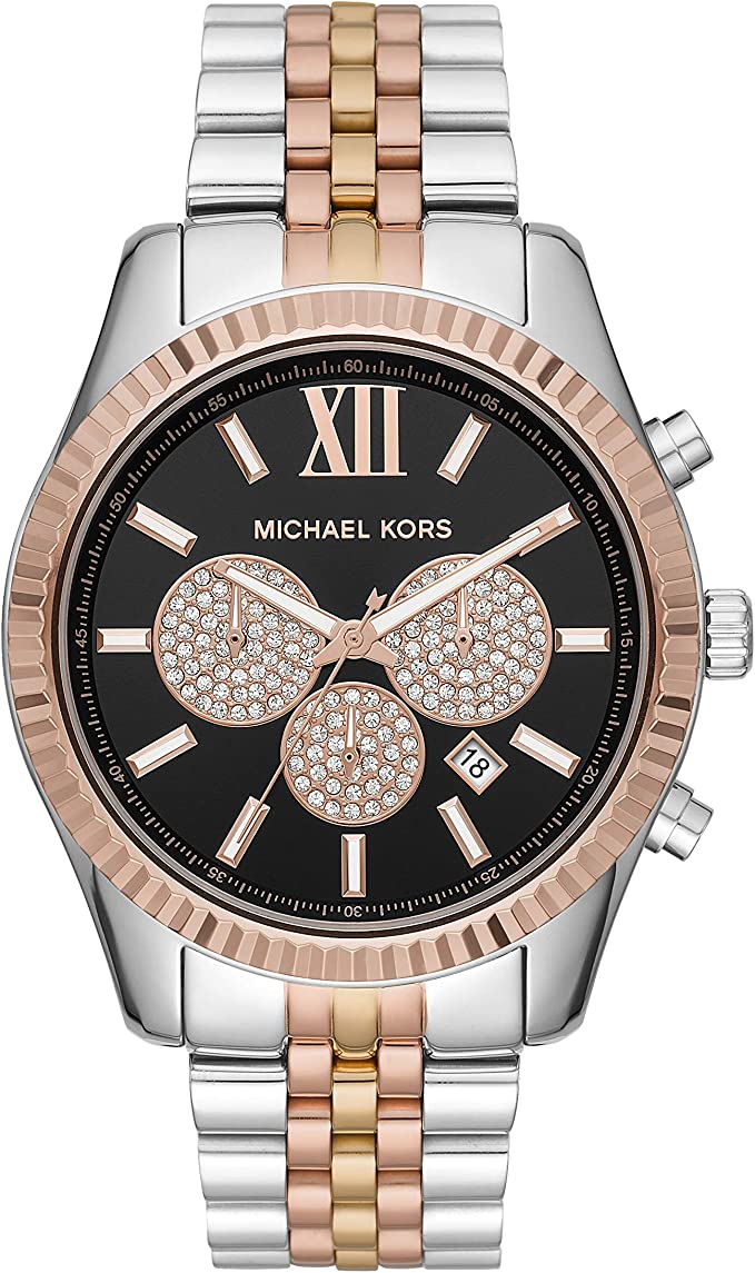 Michael Kors Lexington tri-tone men's watch with black dial and rose gold chronograph subdials