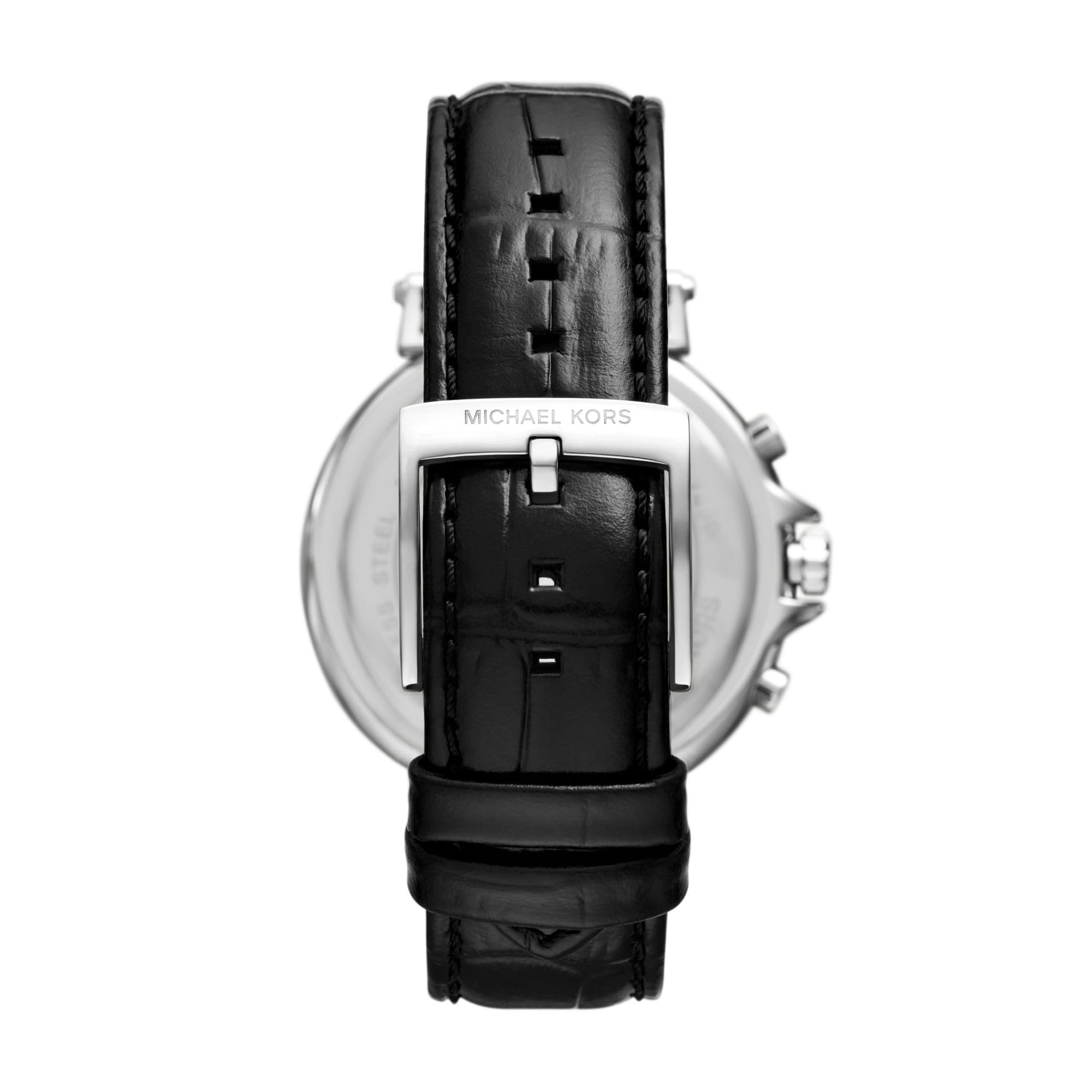 Back view of Michael Kors Maren watch displaying black leather strap and case back