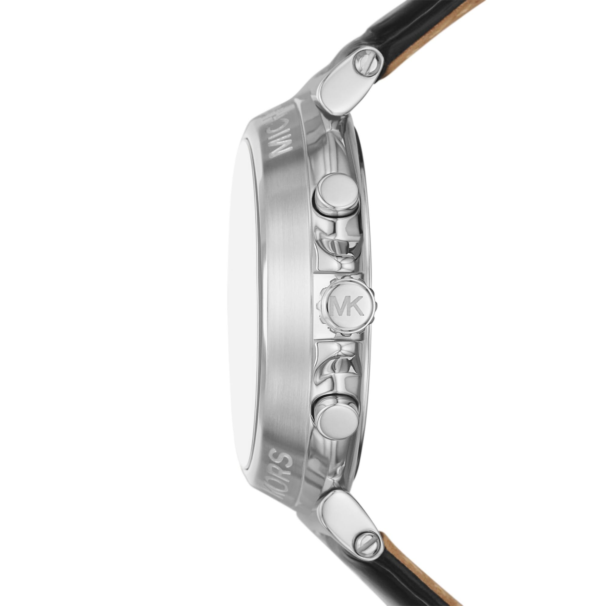 Side view of Michael Kors Maren watch showing chronograph pushers and silver-tone case profile