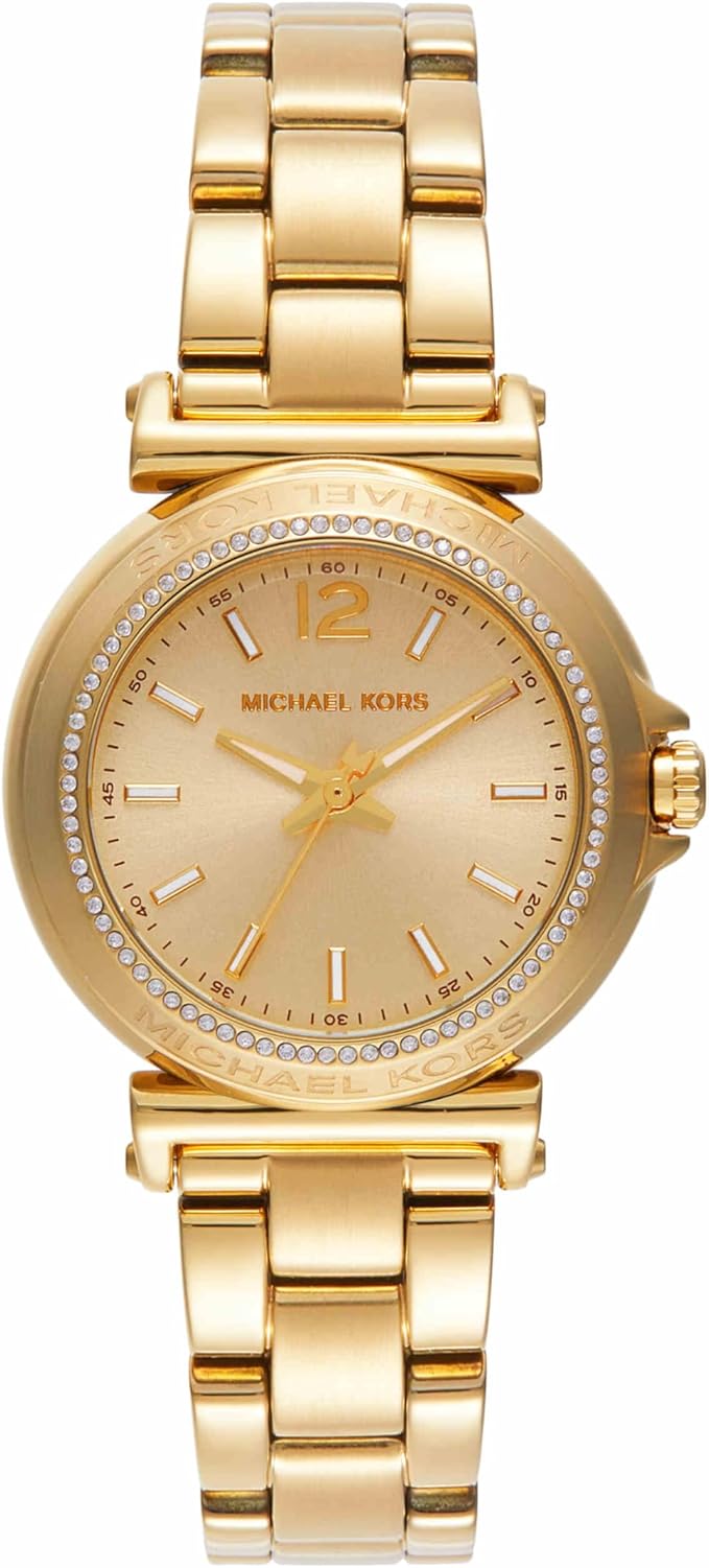 Michael Kors Maren gold-tone women's watch with champagne dial, crystal bezel, and gold bracelet