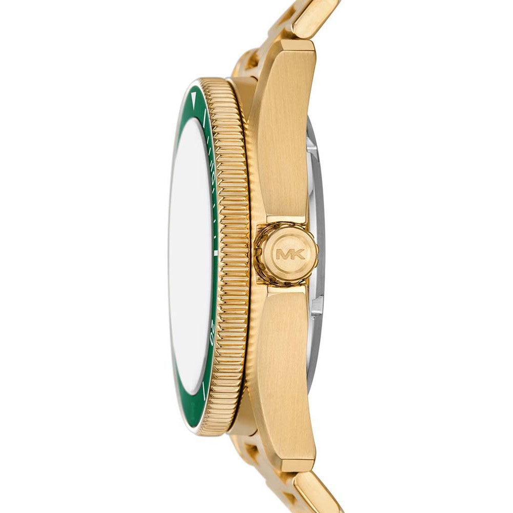 Michael Kors Maritime MK9162 side view showing gold bracelet and green bezel