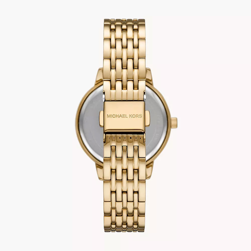 Michael Kors Melissa watch back view showing caseback with MK logo on gold-tone metal bracelet