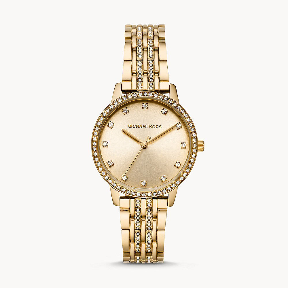 Michael Kors Melissa gold-tone women's watch with crystal-studded round dial and three-hand movement