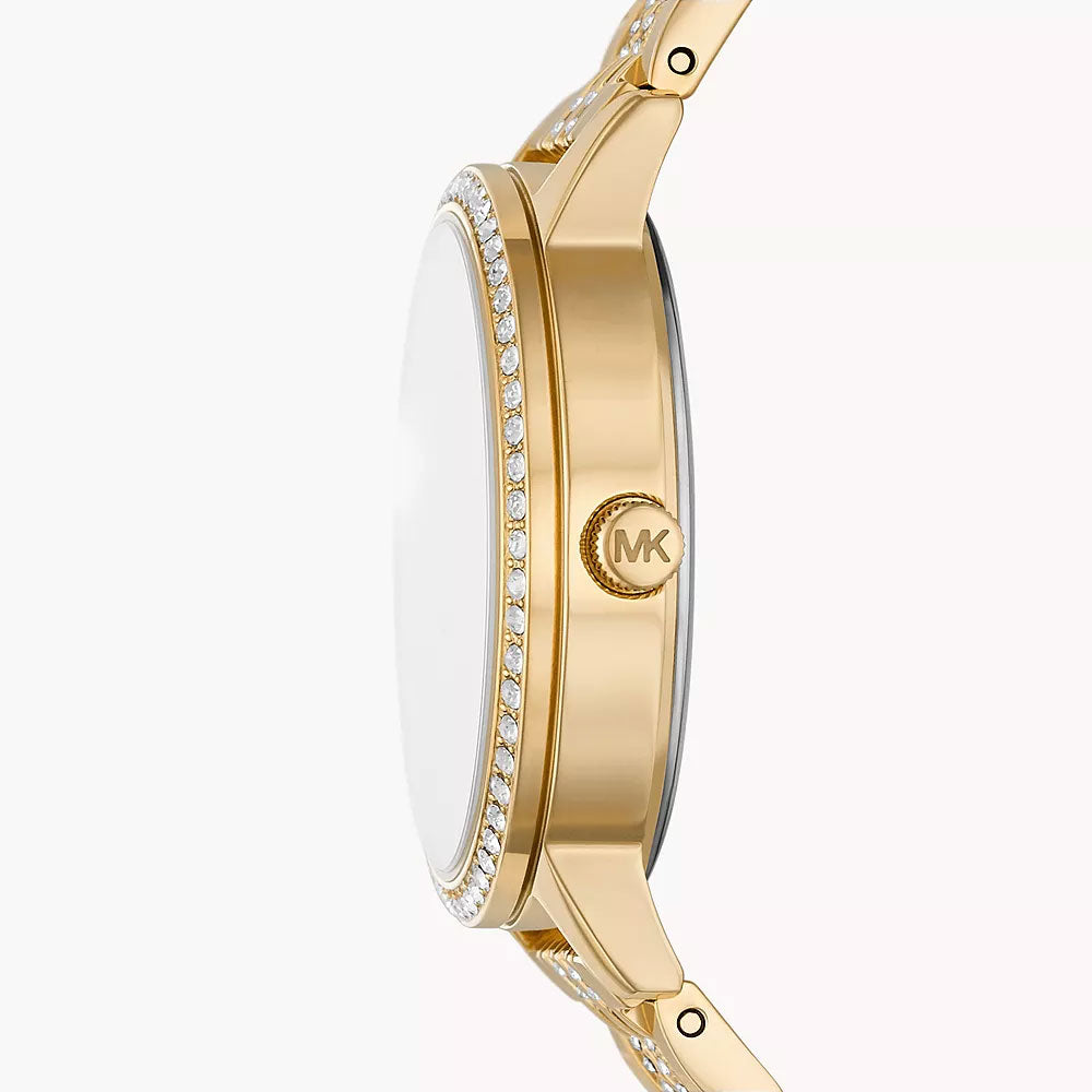 Michael Kors Melissa watch side view showing gold-tone case with crystal bezel and polished profile