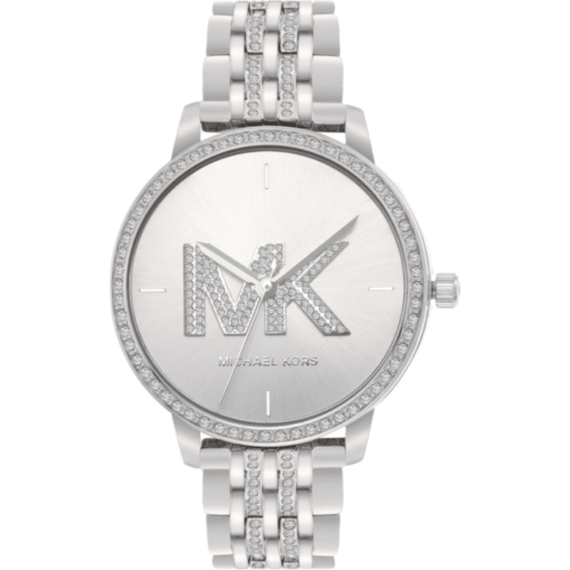 Michael Kors Melissa MK4370 Ladies Pave Logo Silver Dial Stainless Steel Strap