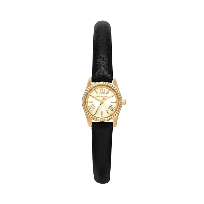Michael Kors Micro Lexington women's watch with gold-tone case, cream dial, and black leather strap
