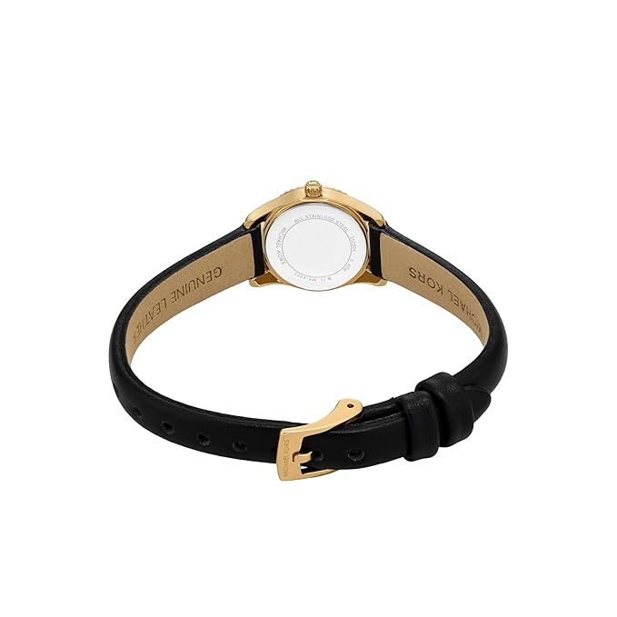 Michael Kors Micro Lexington watch worn on wrist with black leather strap and gold-tone buckle