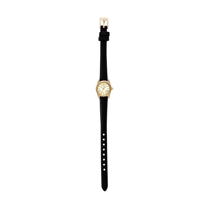 Black leather strap of Michael Kors Micro Lexington watch with gold-tone buckle and adjustment holes