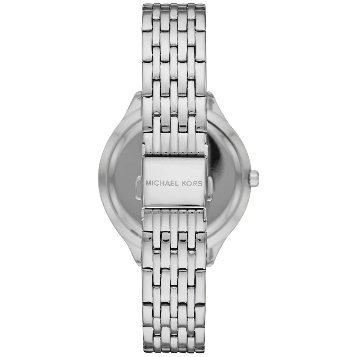 Michael Kors Mindy watch caseback with engraved Michael Kors branding and stainless steel bracelet