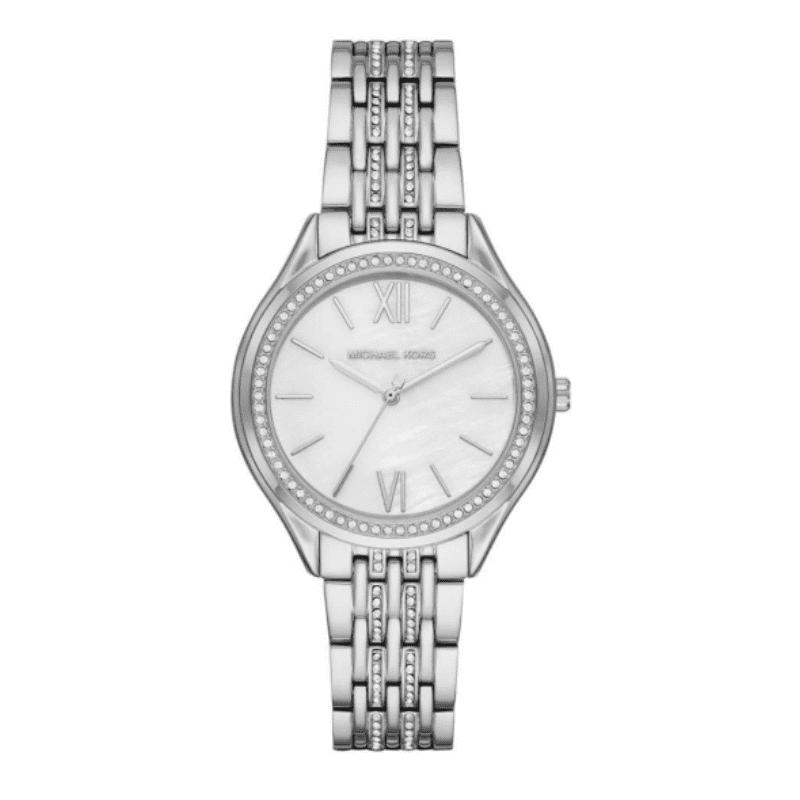 Michael Kors Mindy watch with white dial, crystal bezel, Roman numerals, and silver steel bracelet