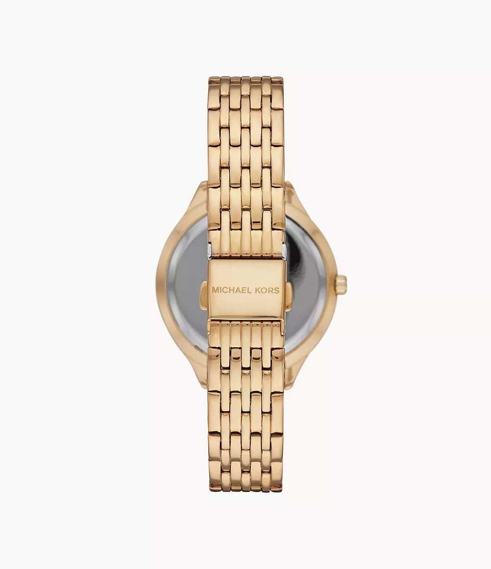 Michael Kors Mindy watch caseback with gold-tone strap and Michael Kors branding