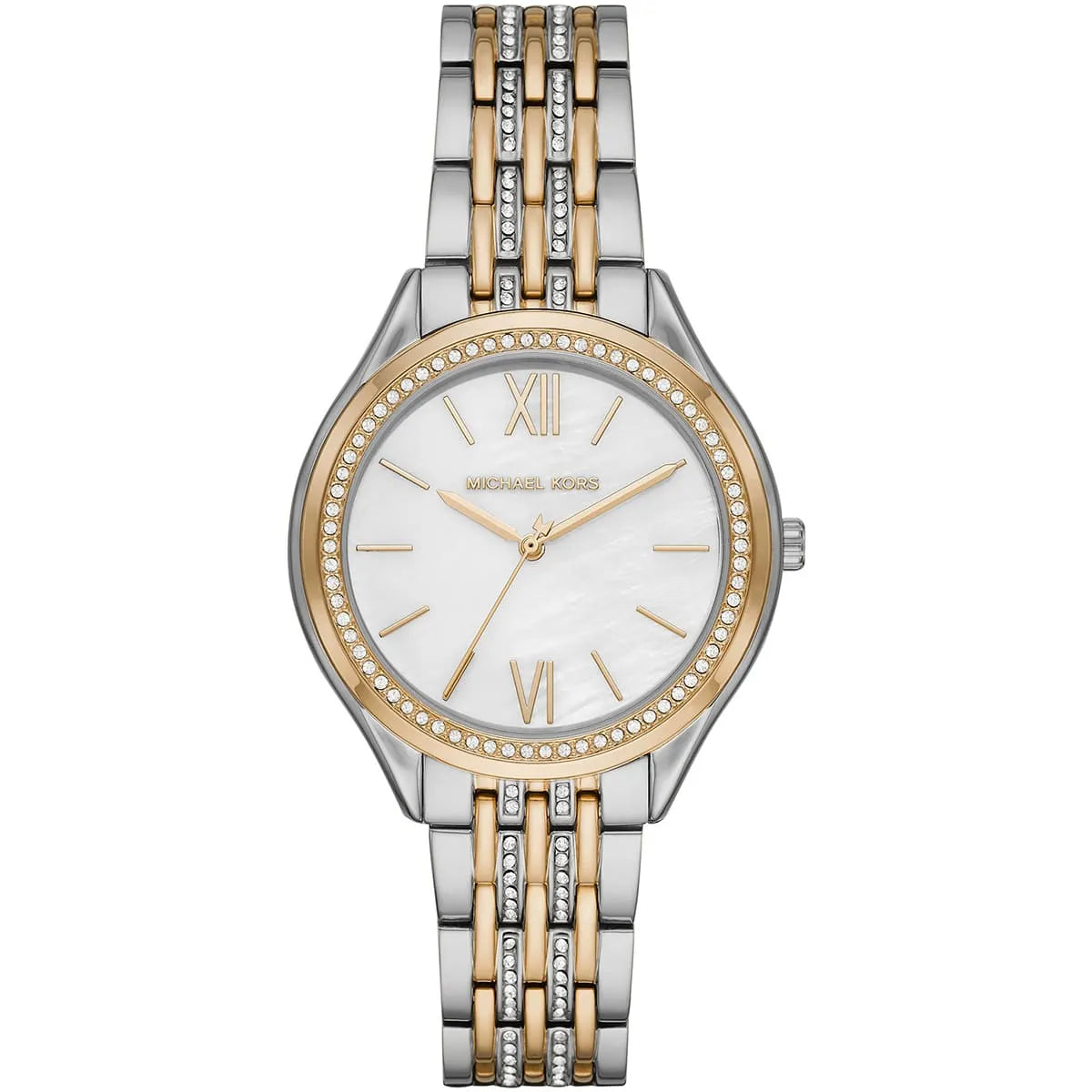 Michael Kors Mindy quartz watch featuring white dial and two-tone crystal bezel