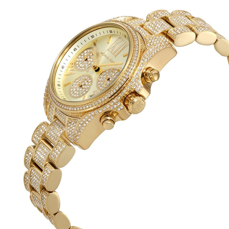 Michael Kors Mini Bradshaw watch side view showing crystal pave case and bracelet detail